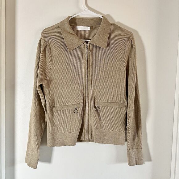 $395 Jonathan Simkhai Women's Beige Knit Zip Cardigan Sweater Size M - Picture 2 of 8